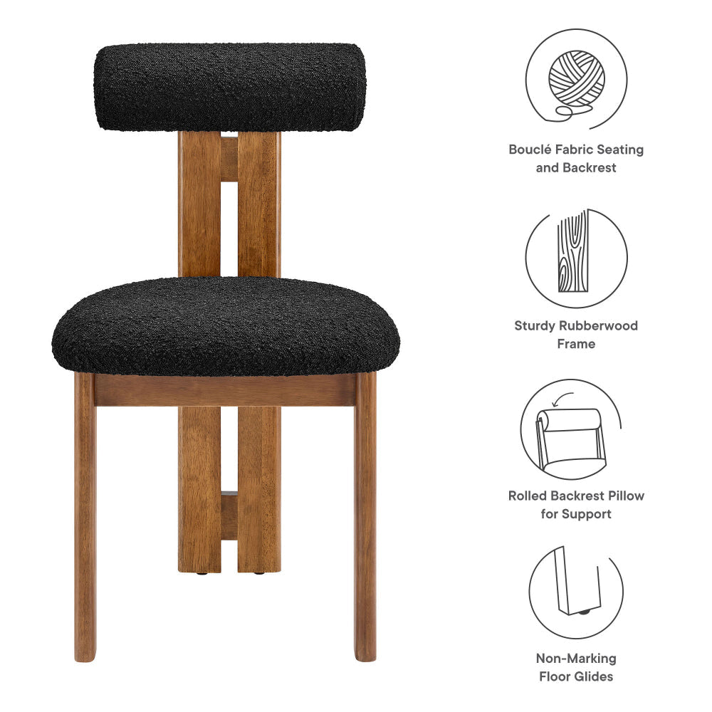 Modway Torian Upholstered Boucle Dining Chairs Set of 2 in Walnut Black - 3-Legged Farmhouse Kitchen Chairs - Mid-Century Modern Armless