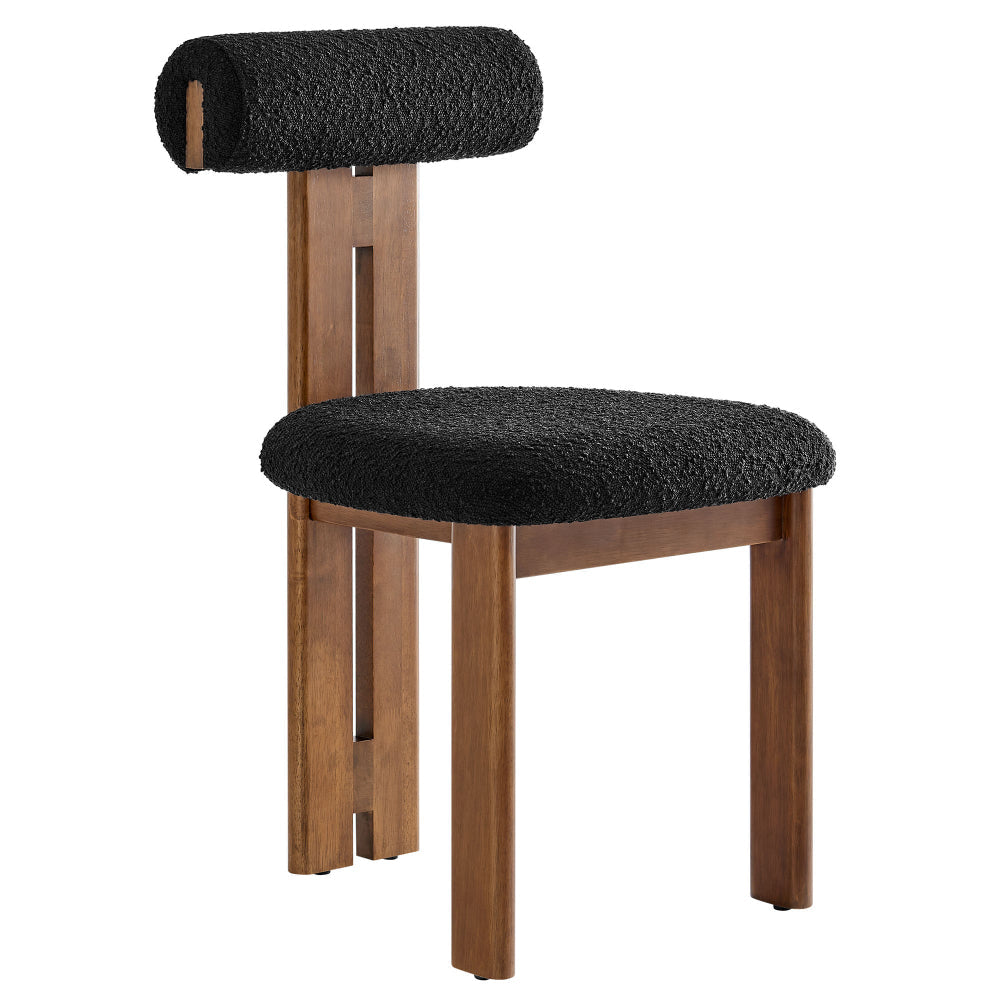 Modway Torian Upholstered Boucle Dining Chairs Set of 2 in Walnut Black - 3-Legged Farmhouse Kitchen Chairs - Mid-Century Modern Armless