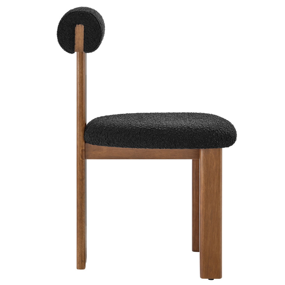 Modway Torian Upholstered Boucle Dining Chairs Set of 2 in Walnut Black - 3-Legged Farmhouse Kitchen Chairs - Mid-Century Modern Armless