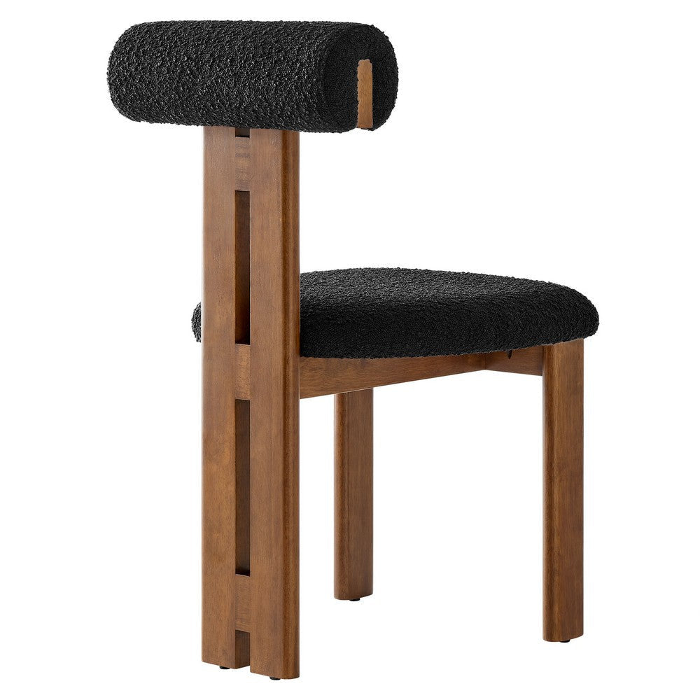Modway Torian Upholstered Boucle Dining Chairs Set of 2 in Walnut Black - 3-Legged Farmhouse Kitchen Chairs - Mid-Century Modern Armless