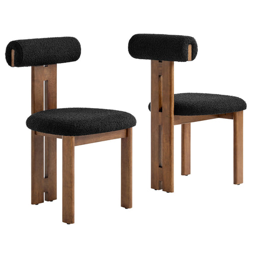 Modway Torian Upholstered Boucle Dining Chairs Set of 2 in Walnut Black - 3-Legged Farmhouse Kitchen Chairs - Mid-Century Modern Armless Accent Chairs - Comfortable Side Chairs with Wood Legs