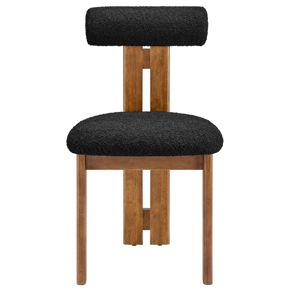 Modway Torian Upholstered Boucle Dining Chairs Set of 2 in Walnut Black - 3-Legged Farmhouse Kitchen Chairs - Mid-Century Modern Armless
