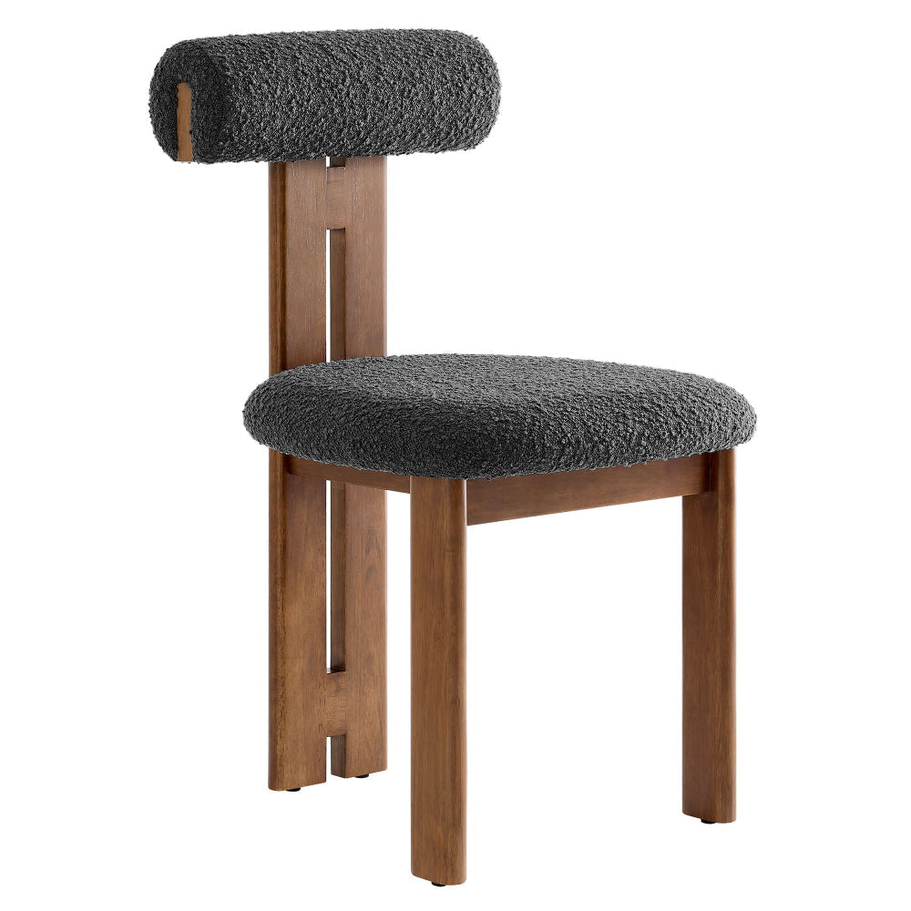 Modway Torian Upholstered Boucle Dining Chairs Set of 2 in Walnut Charcoal - 3-Legged Farmhouse Kitchen Chairs - Mid-Century Modern Armless