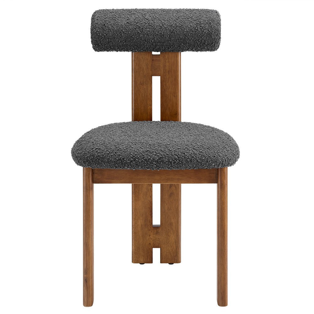 Modway Torian Upholstered Boucle Dining Chairs Set of 2 in Walnut Charcoal - 3-Legged Farmhouse Kitchen Chairs - Mid-Century Modern Armless