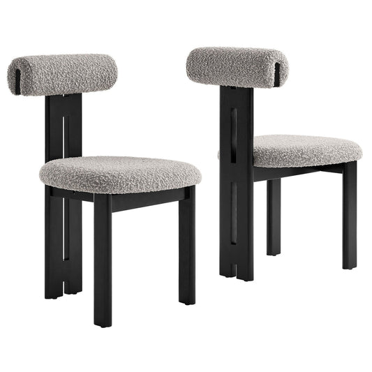Modway Torian Upholstered Boucle Dining Chairs Set of 2 in Wenge Taupe - 3-Legged Farmhouse Kitchen Chairs - Mid-Century Modern Armless Accent Chairs - Comfortable Side Chairs with Wood Legs