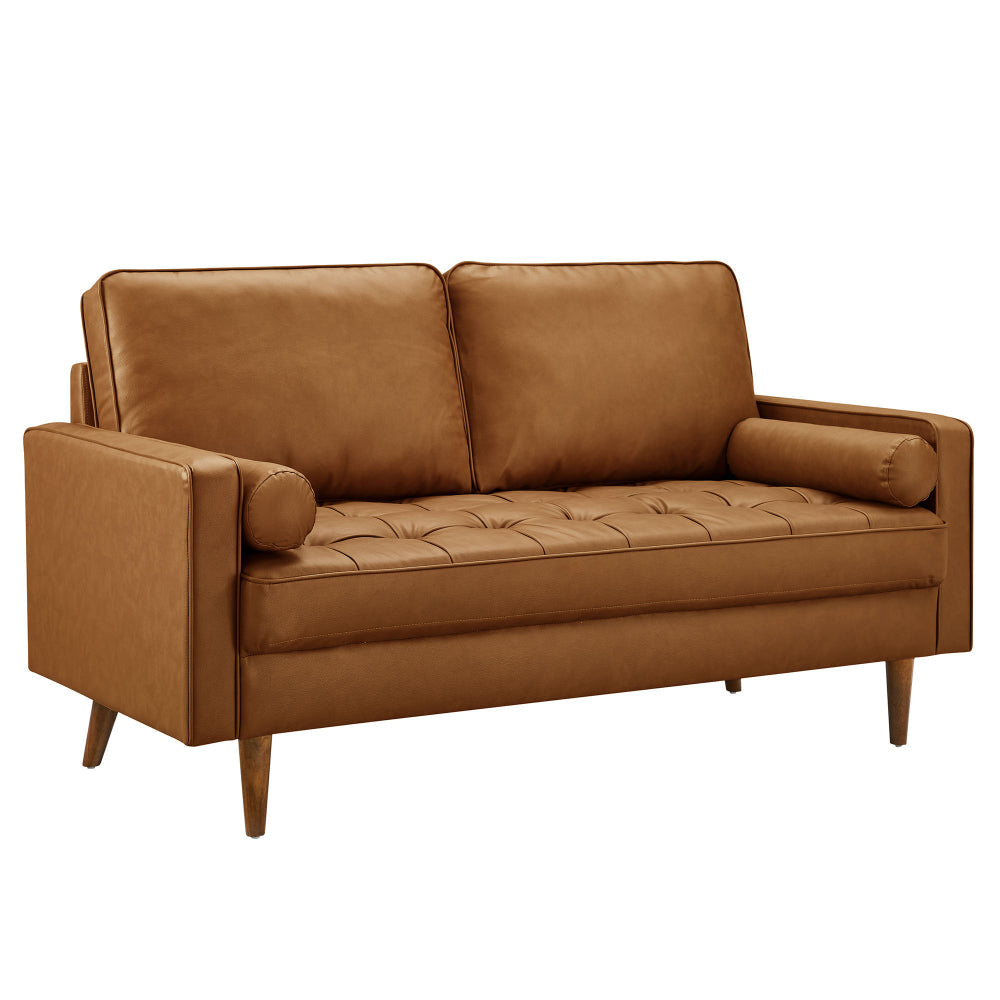Modway Valour 62 Inch Faux Leather Loveseat in Tan – Wide Faux Leather Loveseat Sofa with Wood Legs - Small 2-Seater Sofa with Tufted Seat for Living Room or Office