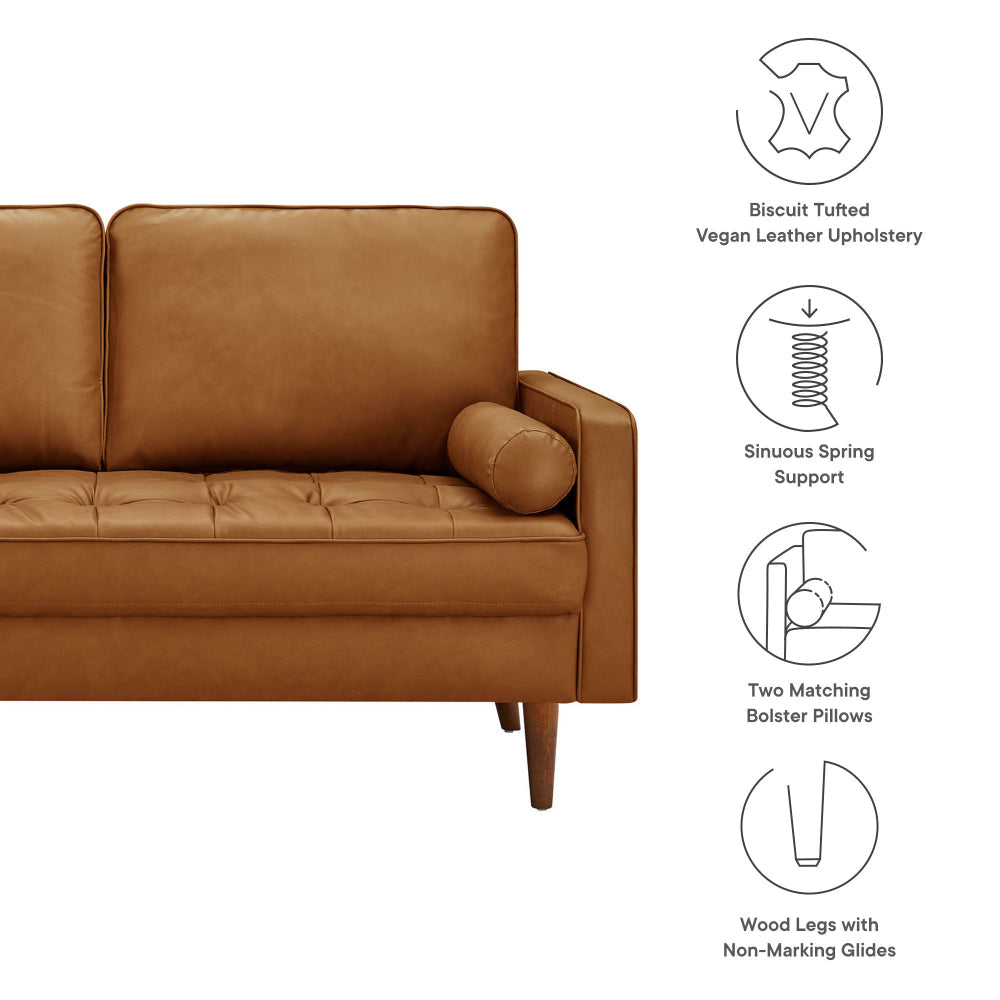 Modway Valour 62 Inch Faux Leather Loveseat in Tan – Wide Faux Leather Loveseat Sofa with Wood Legs - Small 2-Seater Sofa with Tufted Seat