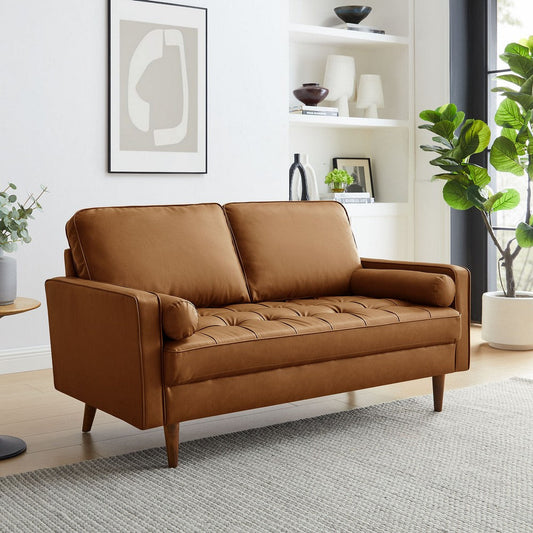 Modway Valour 62 Inch Faux Leather Loveseat in Tan – Wide Faux Leather Loveseat Sofa with Wood Legs - Small 2-Seater Sofa with Tufted Seat for Living Room or Office