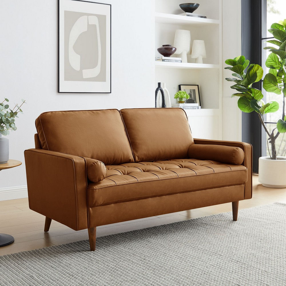 Modway Valour 62 Inch Faux Leather Loveseat in Tan – Wide Faux Leather Loveseat Sofa with Wood Legs - Small 2-Seater Sofa with Tufted Seat for Living Room or Office