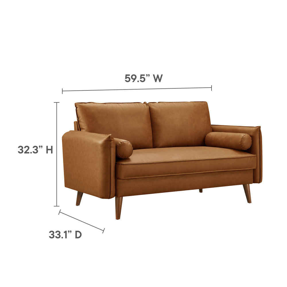 Modway Revive 59 Inch Faux Leather Loveseat in Tan – Mid Century Modern Upholstered Loveseat with Gold Legs - Small Space Sofa for Living