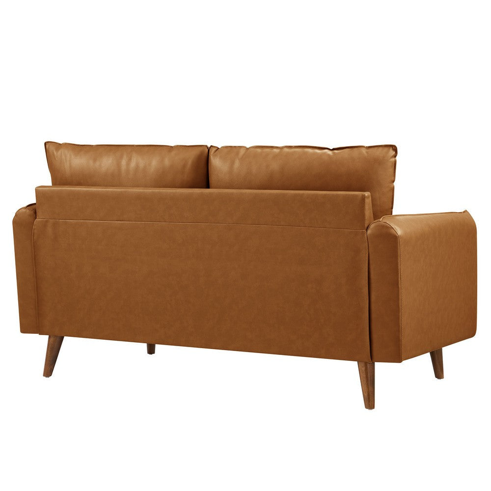 Modway Revive 59 Inch Faux Leather Loveseat in Tan – Mid Century Modern Upholstered Loveseat with Gold Legs - Small Space Sofa for Living