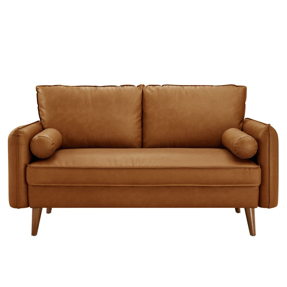 Modway Revive 59 Inch Faux Leather Loveseat in Tan – Mid Century Modern Upholstered Loveseat with Gold Legs - Small Space Sofa for Living