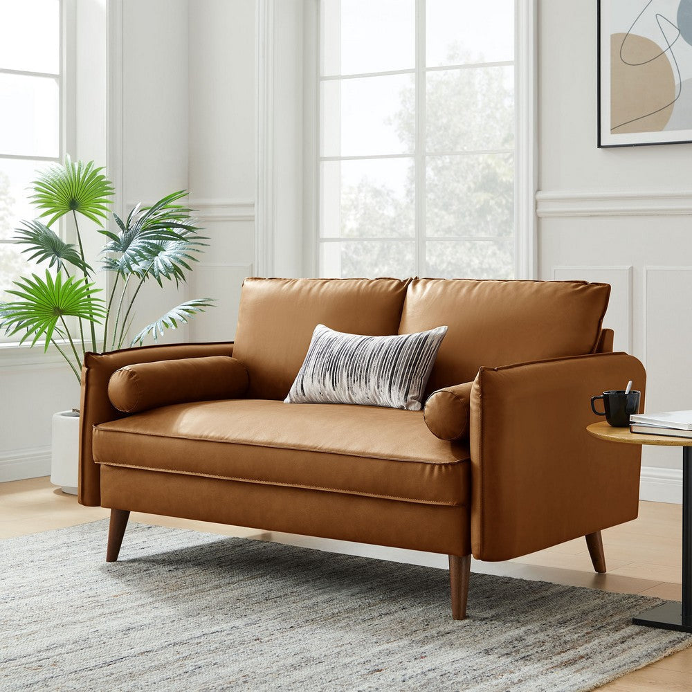 Modway Revive 59 Inch Faux Leather Loveseat in Tan – Mid Century Modern Upholstered Loveseat with Gold Legs - Small Space Sofa for Living Room, Office, or Apartment