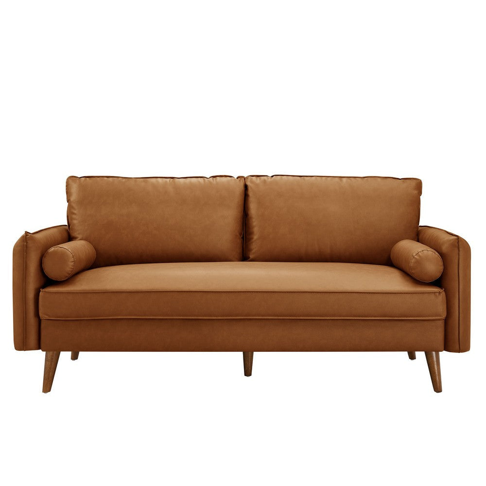 Modway Revive 72 Inch Faux Leather Sofa in Tan – 3 Seater PU Leather Couch with Cozy Wide Seats - Mid-Century Modern Upholstered Sofa