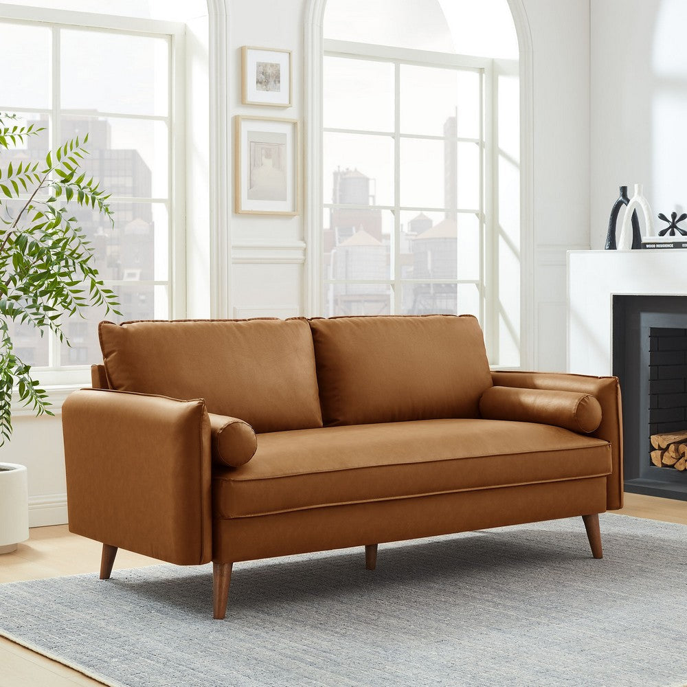 Modway Revive 72 Inch Faux Leather Sofa in Tan – 3 Seater PU Leather Couch with Cozy Wide Seats - Mid-Century Modern Upholstered Sofa for Living Room or Office