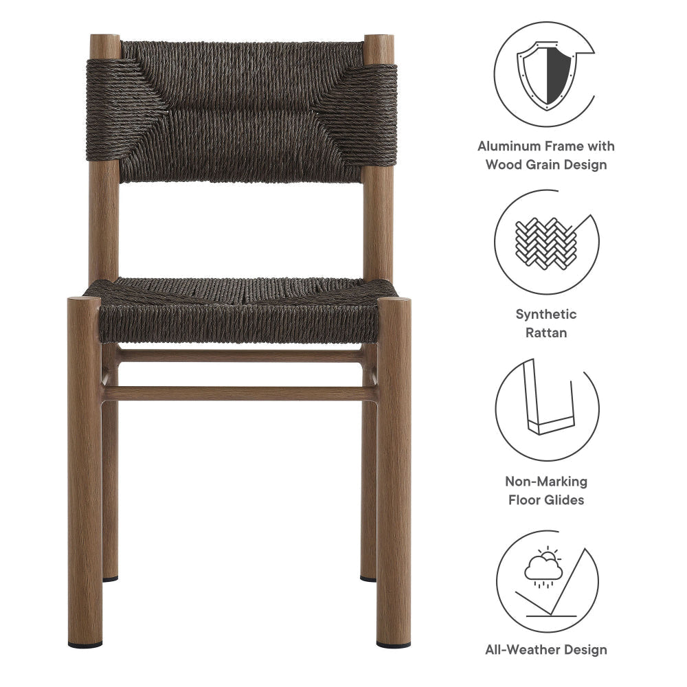 Modway Parkland Outdoor Wicker Dining Chairs Set of 2 in Walnut — Armless Rattan Patio Chairs with Aluminum Frame — All-Weather Outdoor