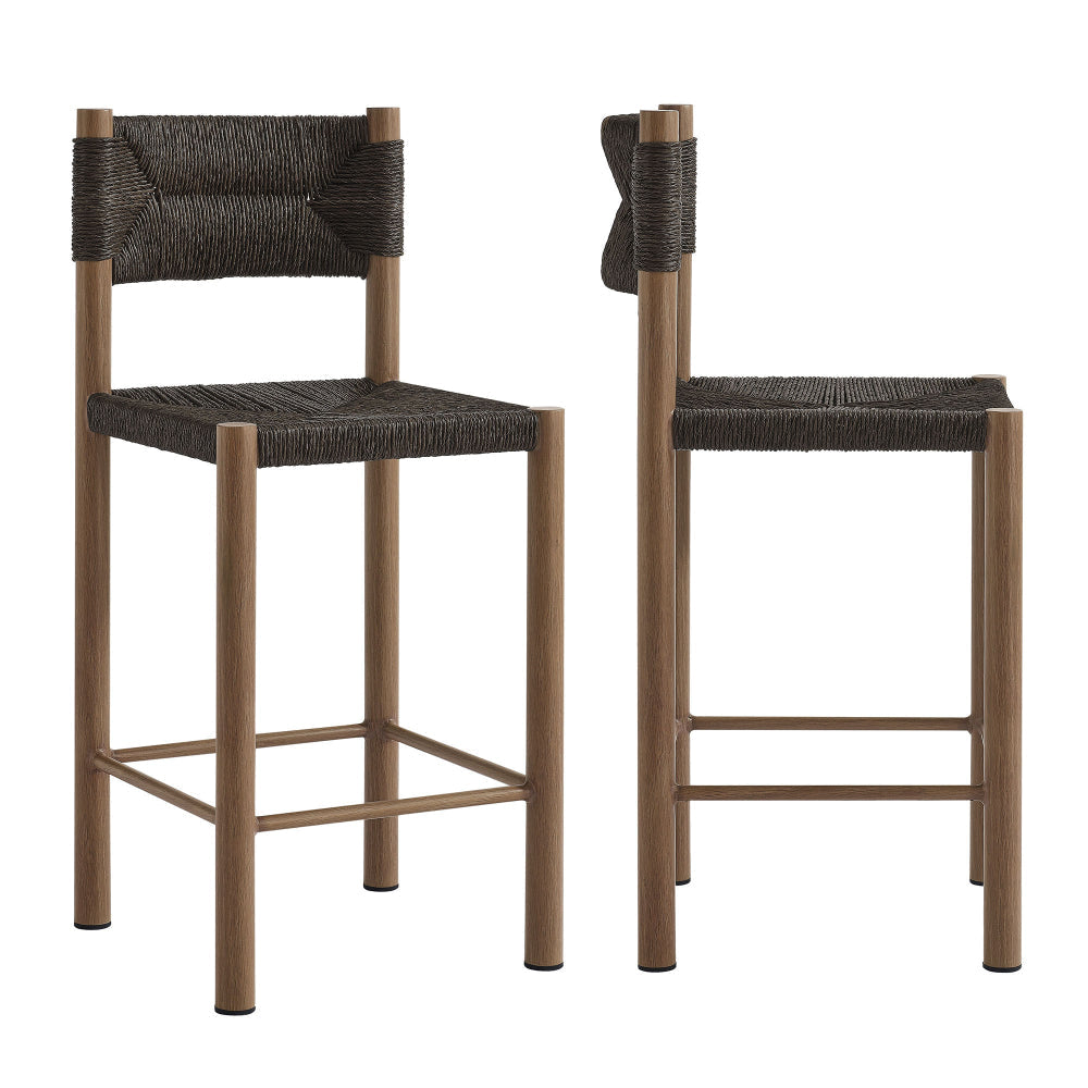 Modway Parkland Outdoor Wicker Counter Stools Set of 2 in Walnut — Counter Height Rattan Patio Stools with Backrest — All-Weather Outdoor Accent Stools for Backyard, Porch, or Balcony
