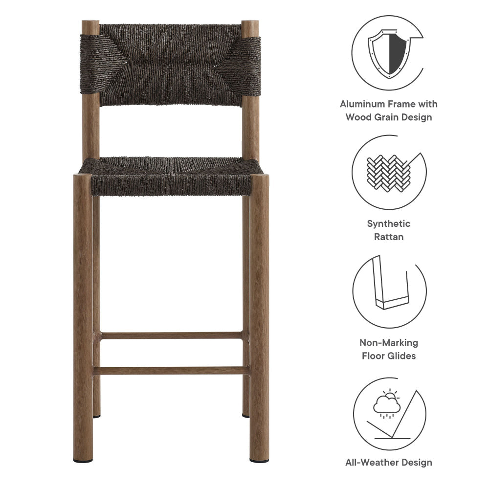 Modway Parkland Outdoor Wicker Counter Stools Set of 2 in Walnut — Counter Height Rattan Patio Stools with Backrest — All-Weather Outdoor