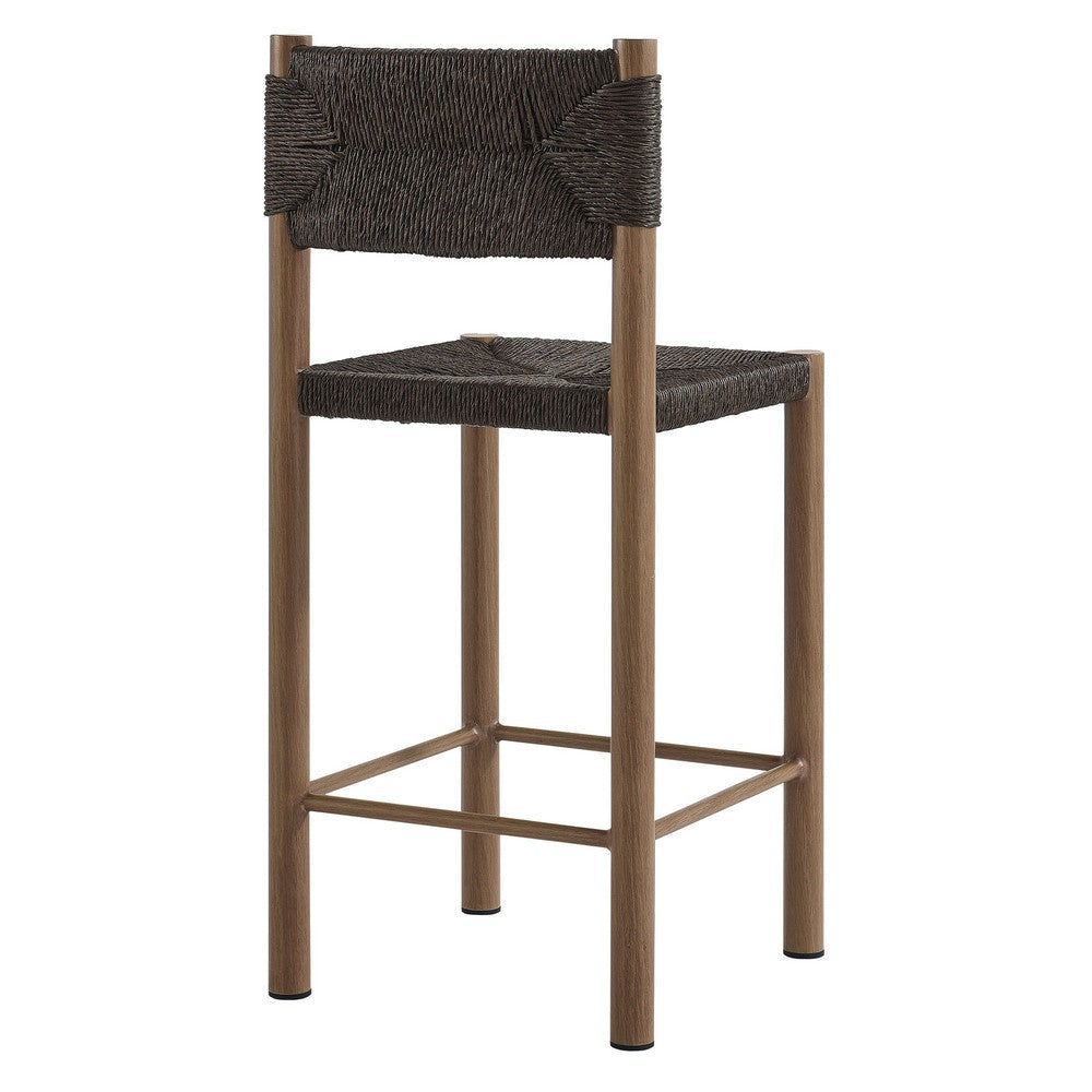 Modway Parkland Outdoor Wicker Counter Stools Set of 2 in Walnut — Counter Height Rattan Patio Stools with Backrest — All-Weather Outdoor