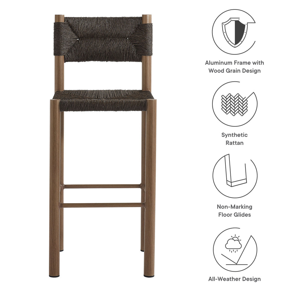 Modway Parkland Outdoor Wicker Bar Stools Set of 2 in Walnut — Bar Height Rattan Patio Stools with Backrest — All-Weather Outdoor Accent