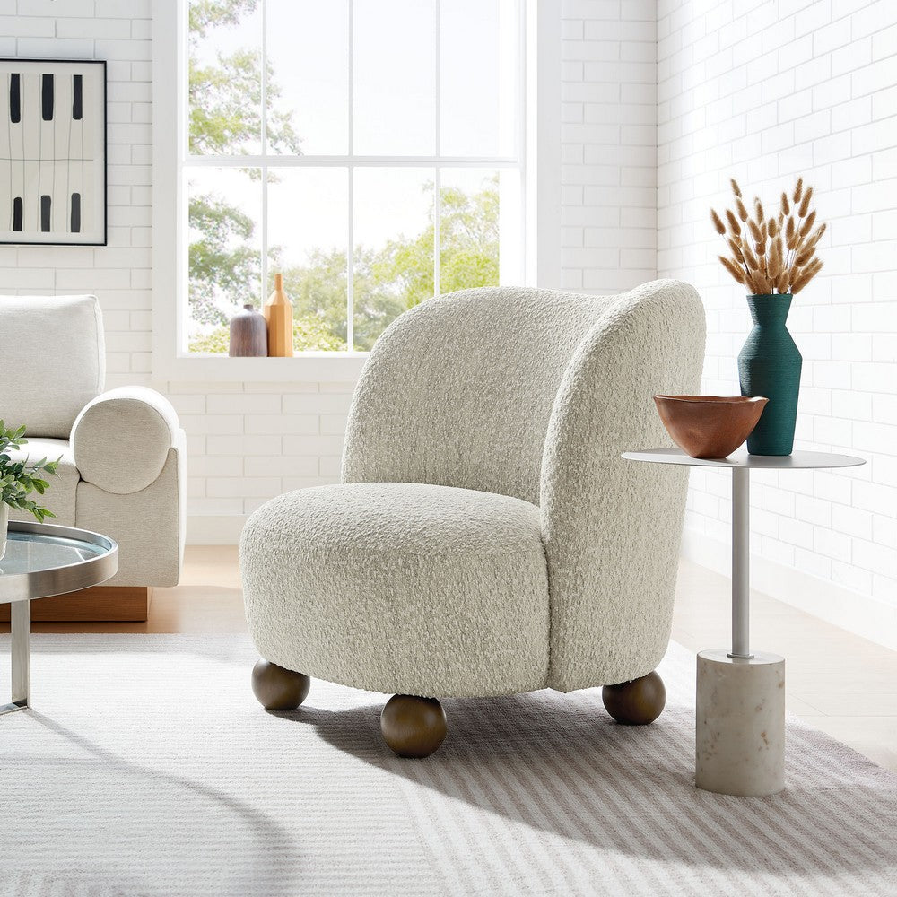 Modway Monroe Boucle Accent Chair in Pearl Walnut - Upholstered Fabric Barrel Chair - Comfy Teddy Chair - Oversized Round Armless Reading