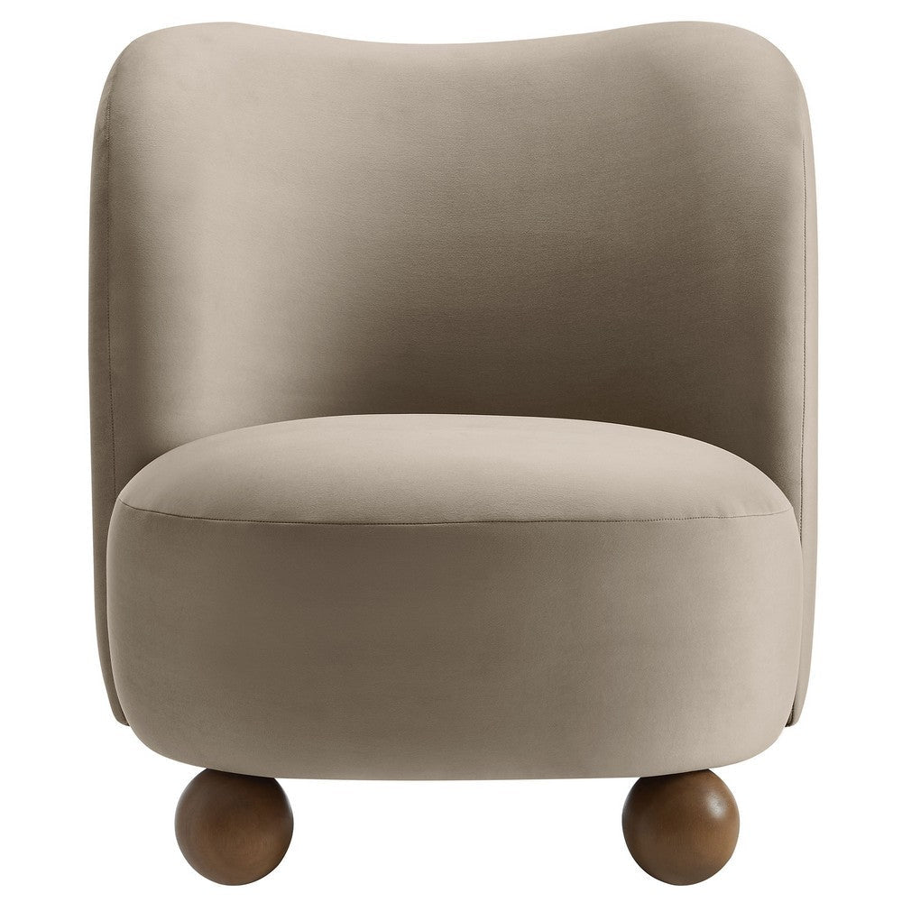 Modway Monroe Performance Velvet Accent Chair in Taupe Walnut - Upholstered Stain-Resistant Velvet Barrel Chair - Comfy Lounge Chair
