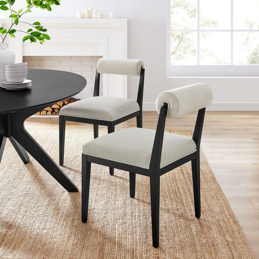 Modway Kai Upholstered Dining Chair with Wood Legs in Linen Black - Modern Dining Room Chair with Fabric Rolled Backrest and Seat - Wood