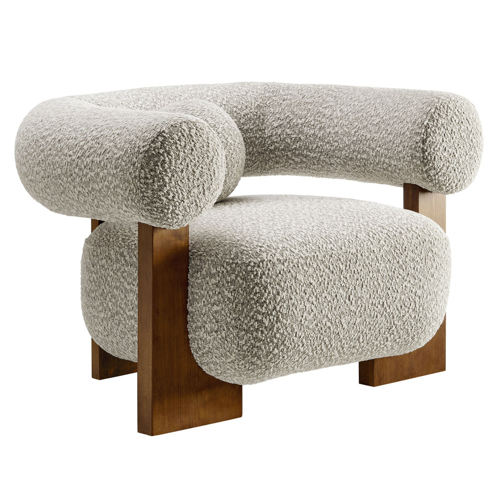 Modway Jace Boucle Fabric Accent Chair in River Rock - Upholstered Barrel Chair with Pillow - Comfy Lounge Armchair with Curved Back and Wood Legs - Soft Teddy Club Chair for Living Room or Bedroom