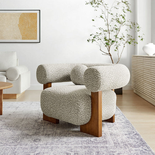 Modway Jace Boucle Fabric Accent Chair in River Rock - Upholstered Barrel Chair with Pillow - Comfy Lounge Armchair with Curved Back and Wood Legs - Soft Teddy Club Chair for Living Room or Bedroom