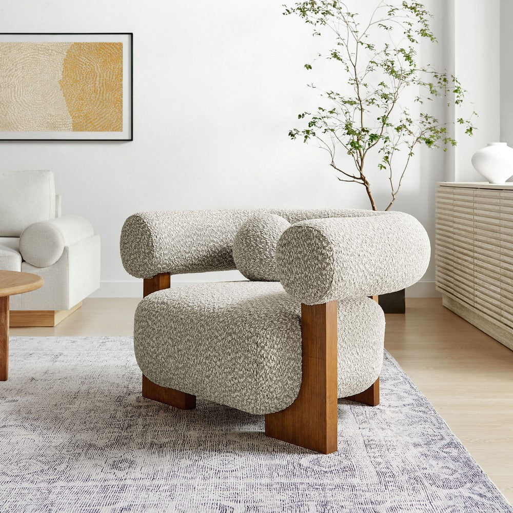 Modway Jace Boucle Fabric Accent Chair in River Rock - Upholstered Barrel Chair with Pillow - Comfy Lounge Armchair with Curved Back and Wood Legs - Soft Teddy Club Chair for Living Room or Bedroom