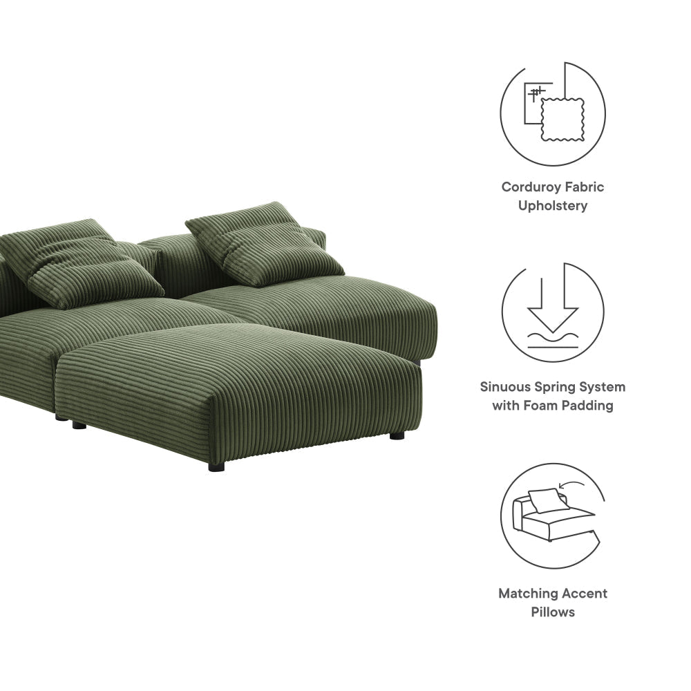 Modway Solace Modular 3-Piece Corduroy Sectional Sofa with Ottoman in Fern - Comfy Corduroy Upholstered Deep Seat Couch - Modern L-Shaped