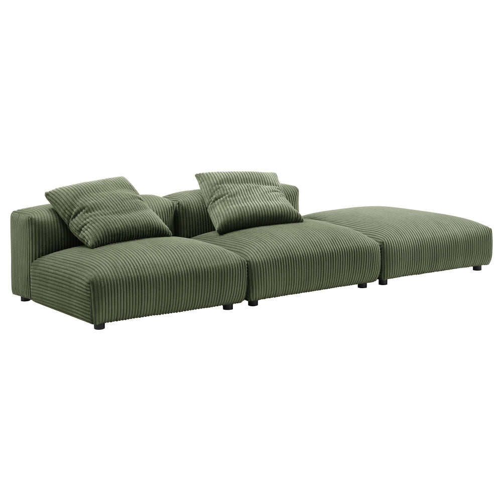 Modway Solace Modular 3-Piece Corduroy Sectional Sofa with Ottoman in Fern - Comfy Corduroy Upholstered Deep Seat Couch - Modern L-Shaped