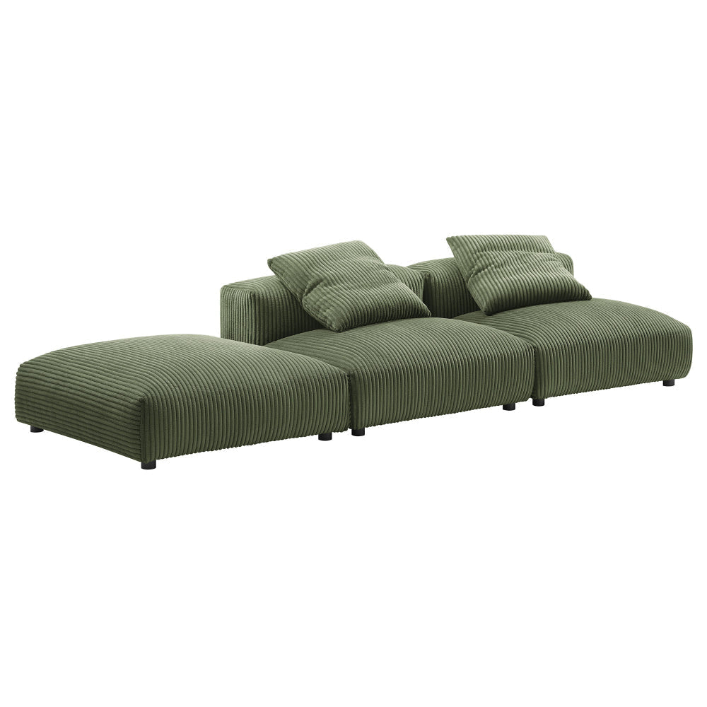 Modway Solace Modular 3-Piece Corduroy Sectional Sofa with Ottoman in Fern - Comfy Corduroy Upholstered Deep Seat Couch - Modern L-Shaped