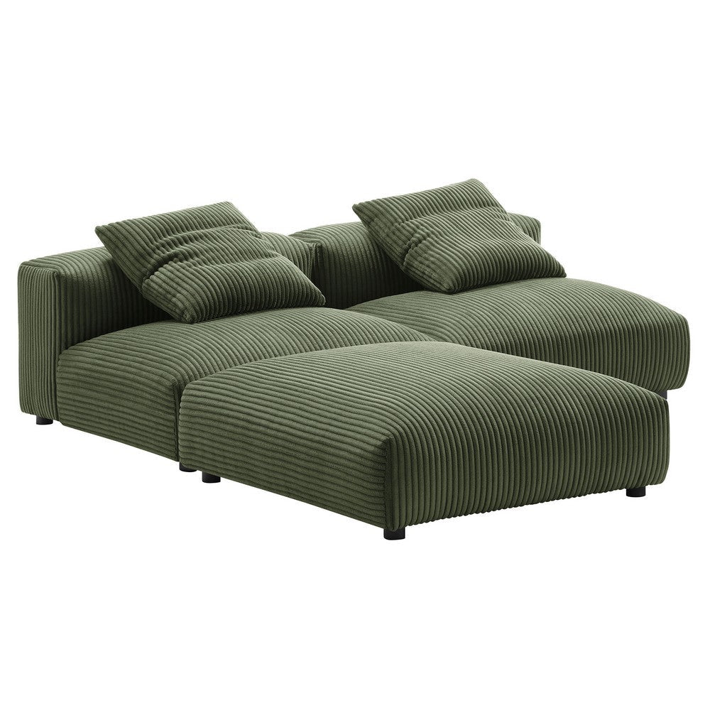 Modway Solace Modular 3-Piece Corduroy Sectional Sofa with Ottoman in Fern - Comfy Corduroy Upholstered Deep Seat Couch - Modern L-Shaped