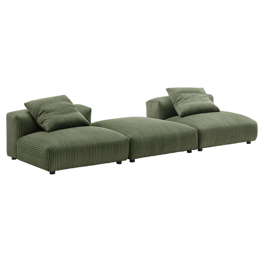 Modway Solace Modular 3-Piece Corduroy Sectional Sofa with Ottoman in Fern - Comfy Corduroy Upholstered Deep Seat Couch - Modern L-Shaped Armless Sectional Sofa Set for Living Room