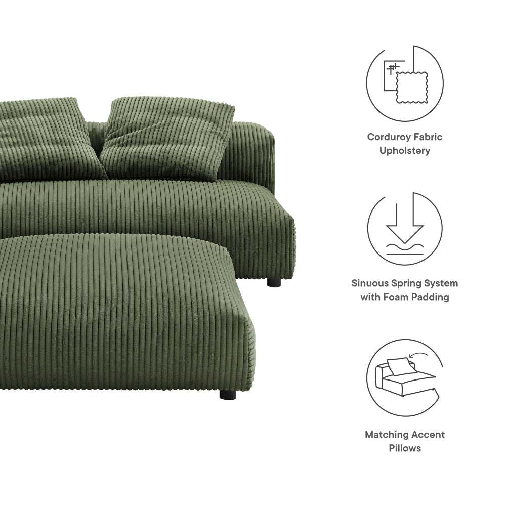 Modway Solace Modular 2-Piece Corduroy Armless Loveseat and Ottoman Set in Fern - Corduroy Upholstered 2-Seat Sofa with Ottoman - Modern