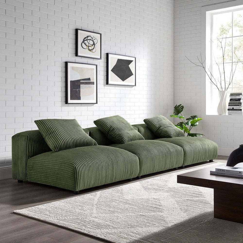 Modway Solace Corduroy 3-Piece Modular Sofa in Fern - Comfy Corduroy Upholstered Deep Seat Couch - Modern 3-Seat Armless Sectional Chairs