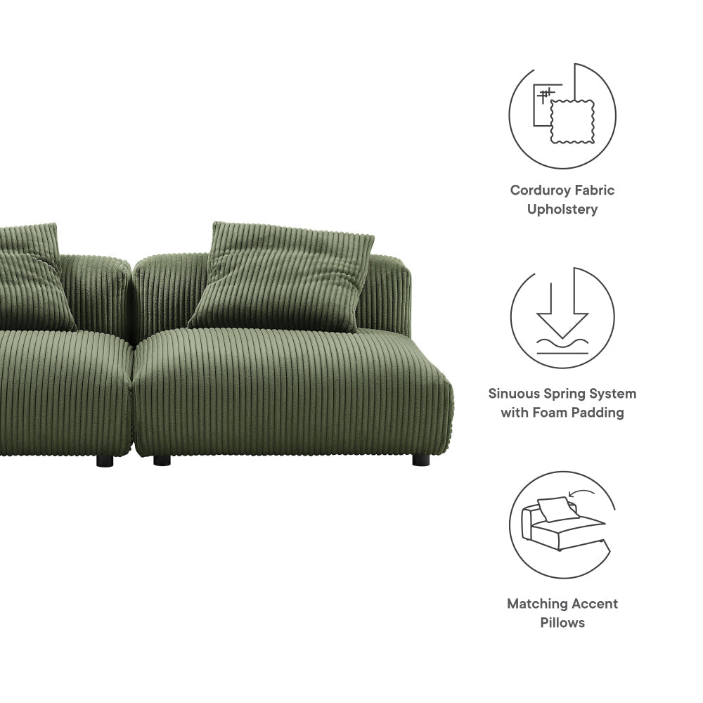 Modway Solace Corduroy 2-Piece Modular Sofa in Fern - Comfy Corduroy Upholstered Deep Seat Loveseat - Modern 2-Seat Armless Chairs