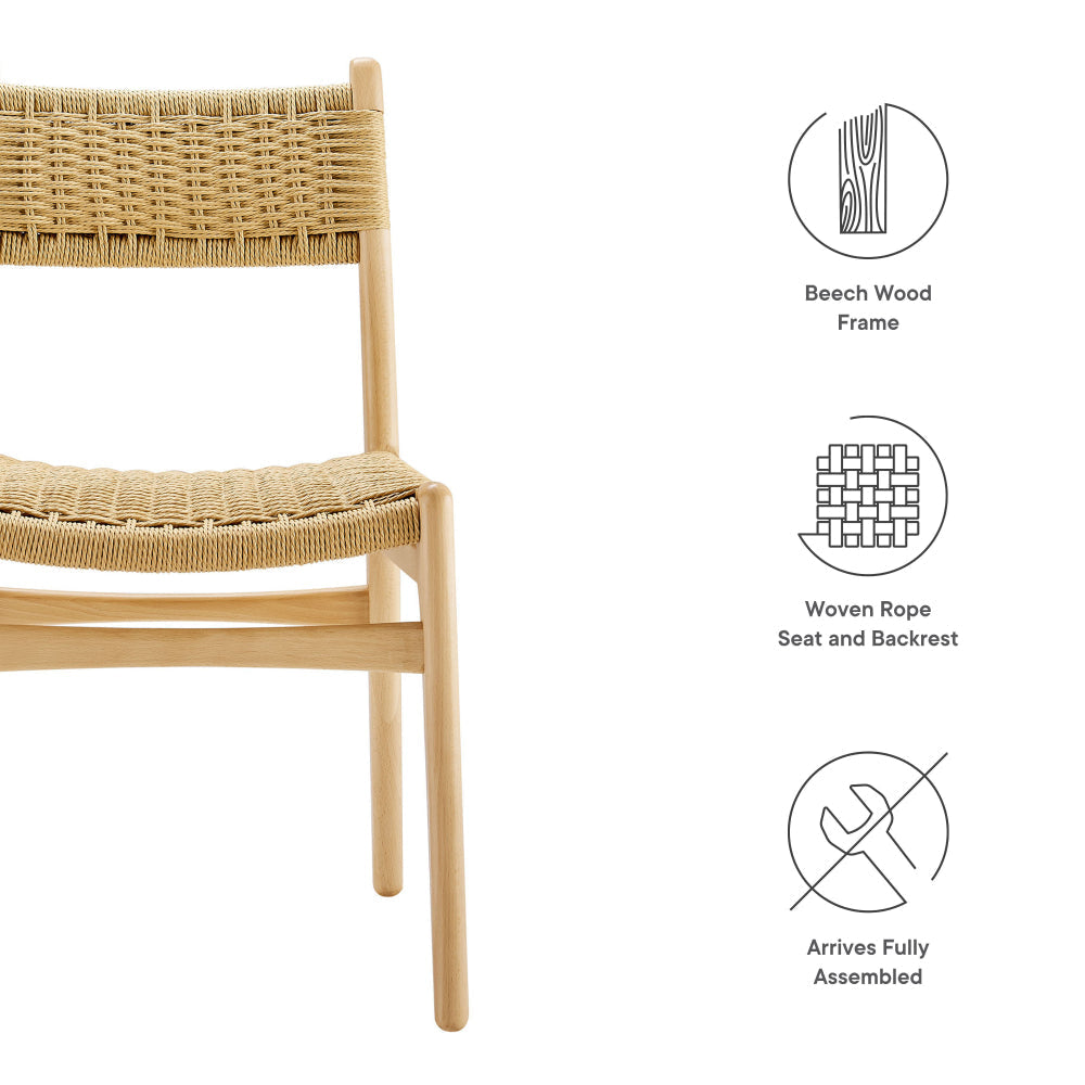 Modway Wynn Wood and Rope Dining Side Chairs Set of 2 in Natural Natural - Armless Kitchen Table Chairs - Modern Mid-Century Accent Chairs