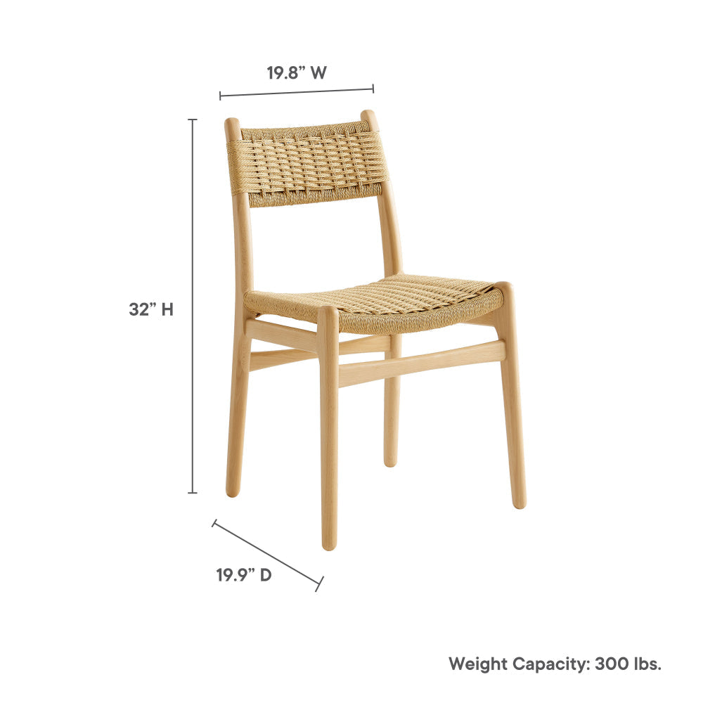 Modway Wynn Wood and Rope Dining Side Chairs Set of 2 in Natural Natural - Armless Kitchen Table Chairs - Modern Mid-Century Accent Chairs