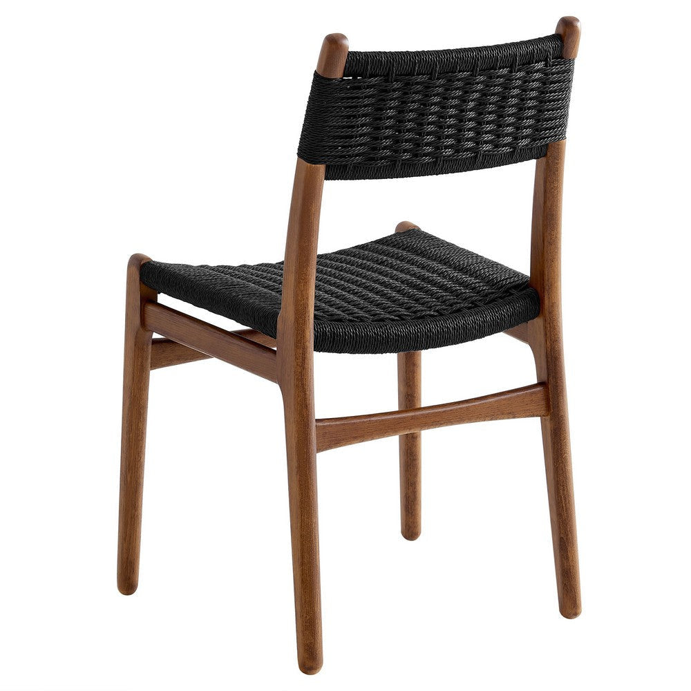 Modway Wynn Wood and Rope Dining Side Chairs Set of 2 in Walnut Black - Armless Kitchen Table Chairs - Modern Mid-Century Accent Chairs