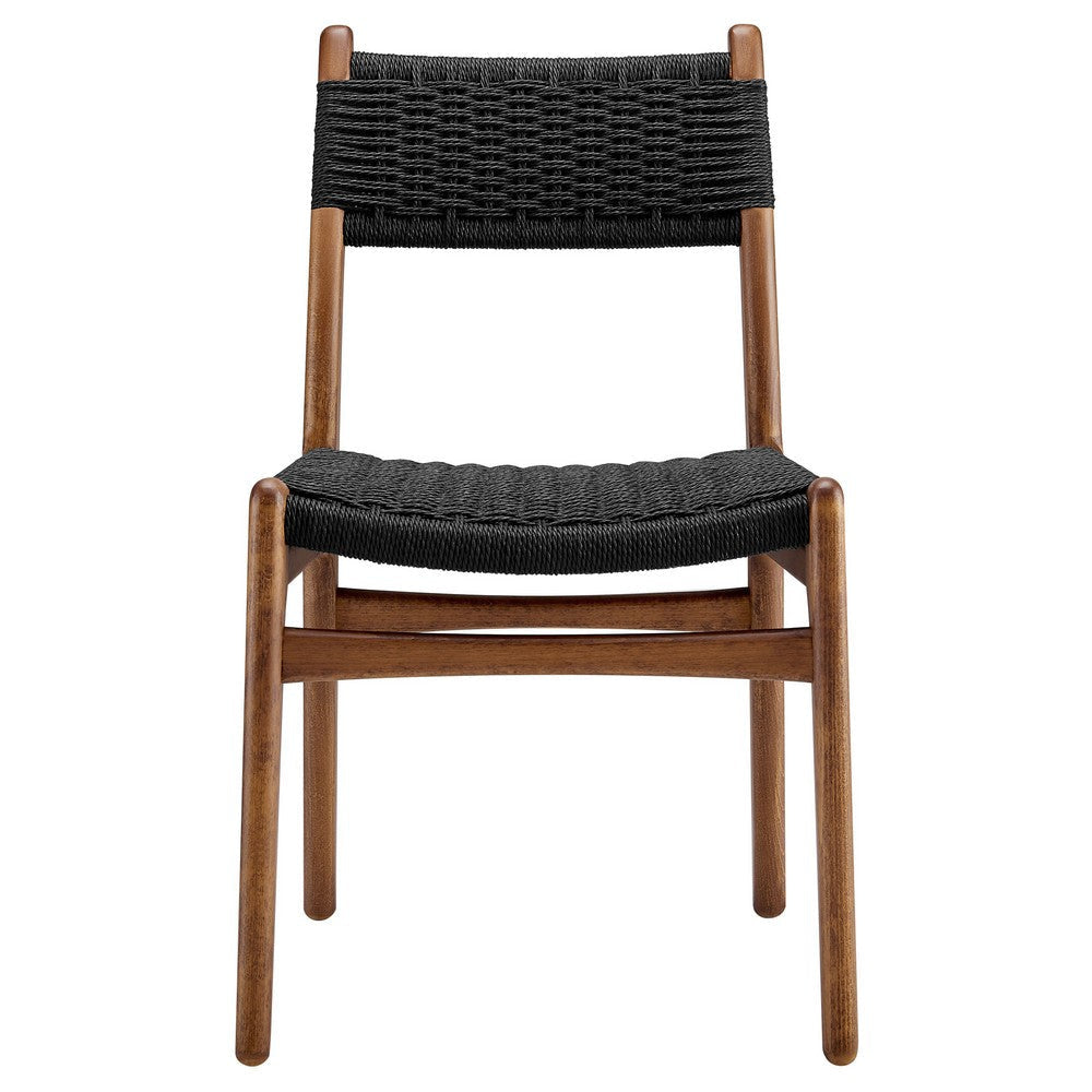 Modway Wynn Wood and Rope Dining Side Chairs Set of 2 in Walnut Black - Armless Kitchen Table Chairs - Modern Mid-Century Accent Chairs