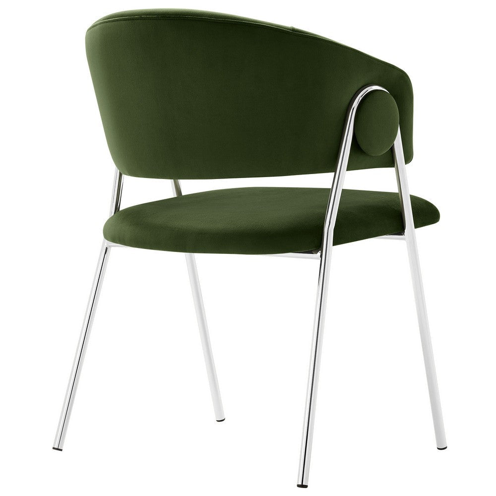 Modway Nella Performance Velvet Barrel Dining Chairs Set of 2 in Moss Green Silver - Velvet Retro Club Kitchen Chairs with Metal Legs - Mid
