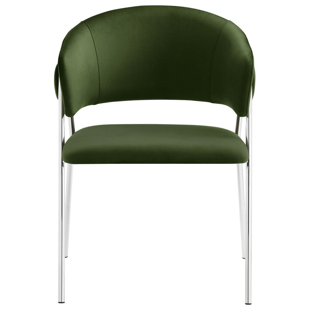 Modway Nella Performance Velvet Barrel Dining Chairs Set of 2 in Moss Green Silver - Velvet Retro Club Kitchen Chairs with Metal Legs - Mid
