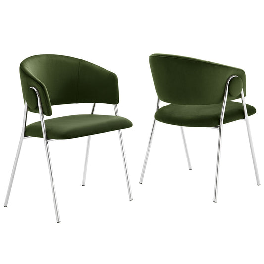 Modway Nella Performance Velvet Barrel Dining Chairs Set of 2 in Moss Green Silver - Velvet Retro Club Kitchen Chairs with Metal Legs - Mid Century Modern Living Room Accent Armchairs