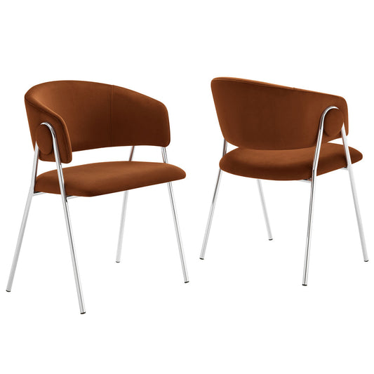 Modway Nella Performance Velvet Barrel Dining Chairs Set of 2 in Rust Silver - Velvet Retro Club Kitchen Chairs with Metal Legs - Mid Century Modern Living Room Accent Armchairs