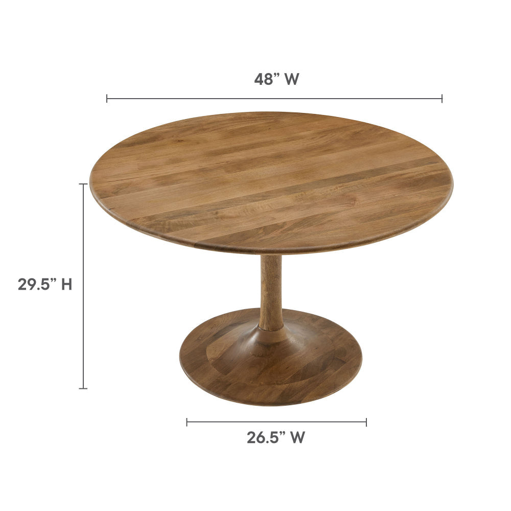 Modway Lippa 48 Inch Round Wood Dining Table in Natural – Solid Mango Wood Tabletop with Pedestal Base - Mid Century Modern Dining Room