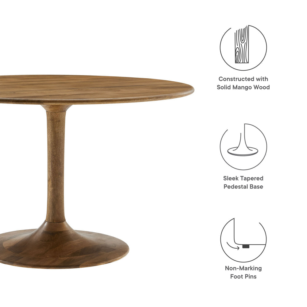 Modway Lippa 48 Inch Round Wood Dining Table in Natural – Solid Mango Wood Tabletop with Pedestal Base - Mid Century Modern Dining Room