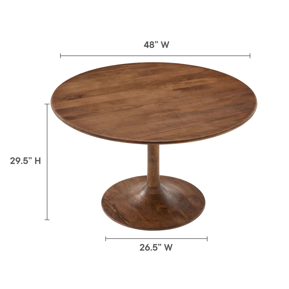Modway Lippa 48 Inch Round Wood Dining Table in Walnut – Solid Mango Wood Tabletop with Pedestal Base - Mid Century Modern Dining Room