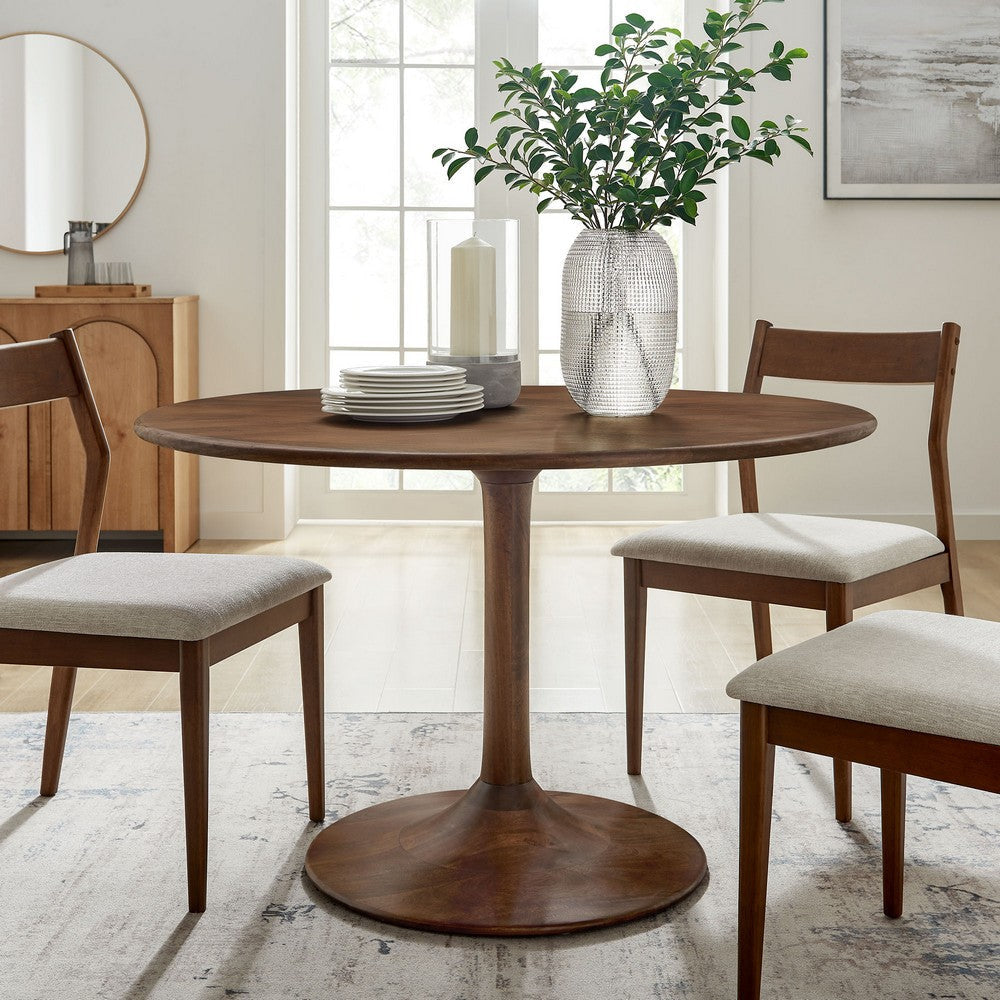 Modway Lippa 48 Inch Round Wood Dining Table in Walnut – Solid Mango Wood Tabletop with Pedestal Base - Mid Century Modern Dining Room Furniture - Kitchen Table for 4-6 Person